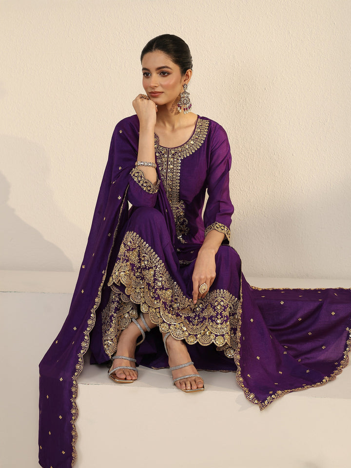 Libas Deep Violet Yoke Embroidered Silk Blend Anarkali Suit Set