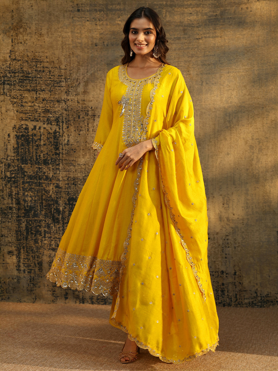 Libas Lemon Yellow  Embellished Silk Blend Anarkali Suit Set