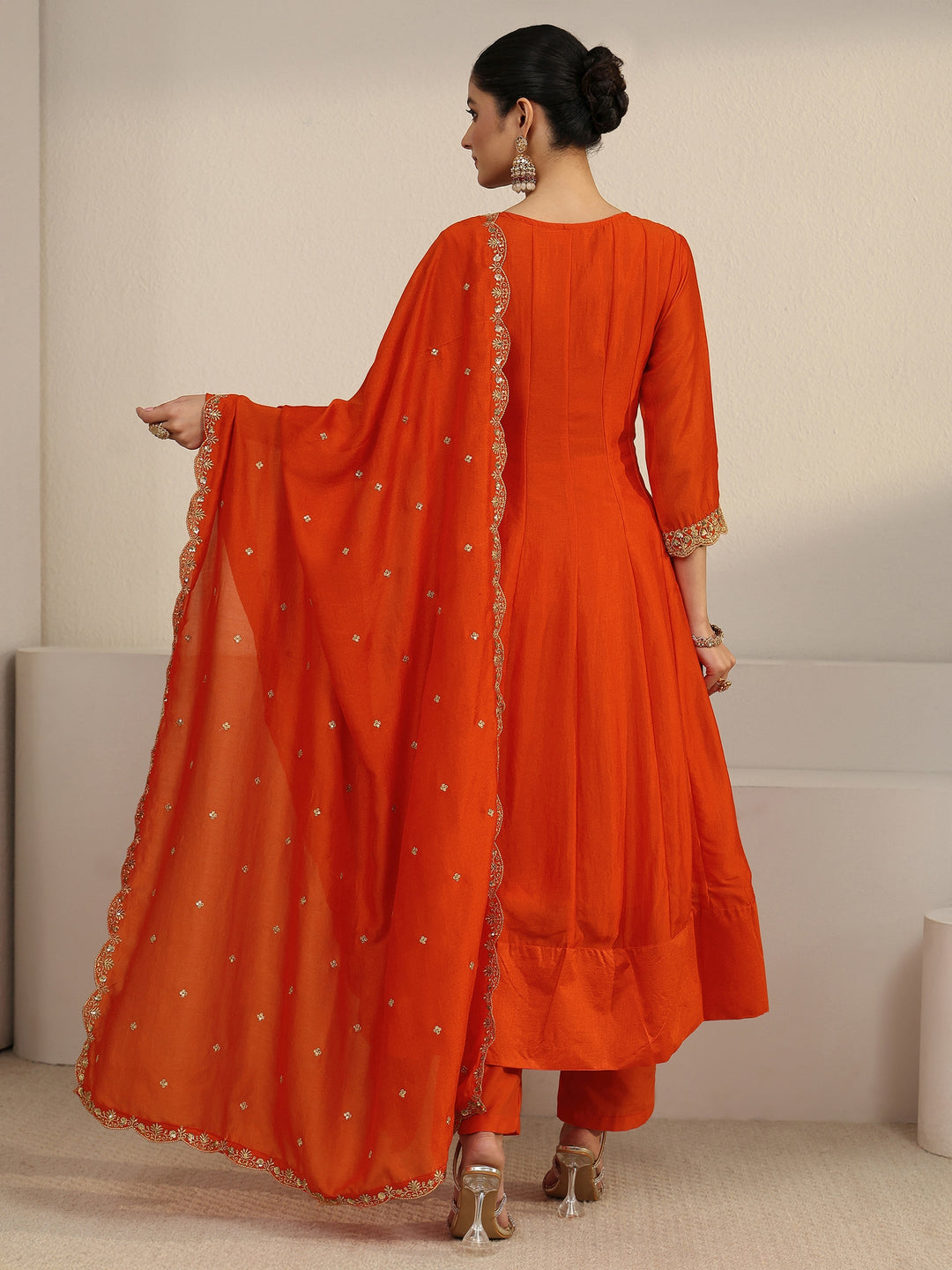 Libas Orange Yoke Embroidered Silk Blend Anarkali Suit Set