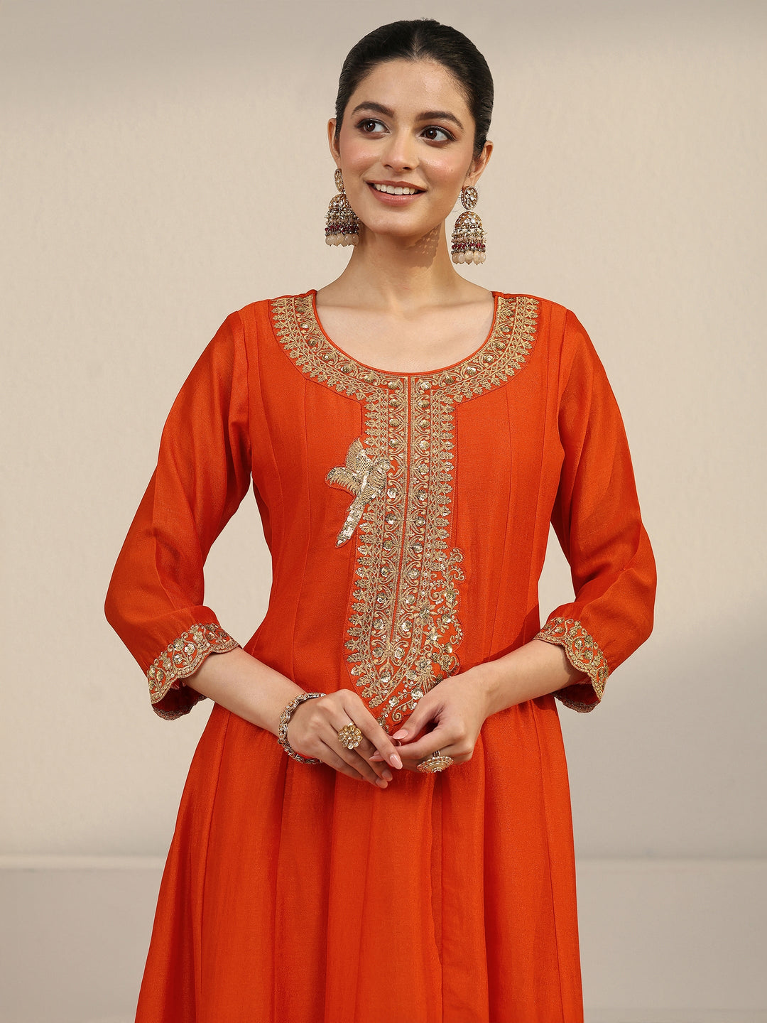Libas Orange Yoke Embroidered Silk Blend Anarkali Suit Set