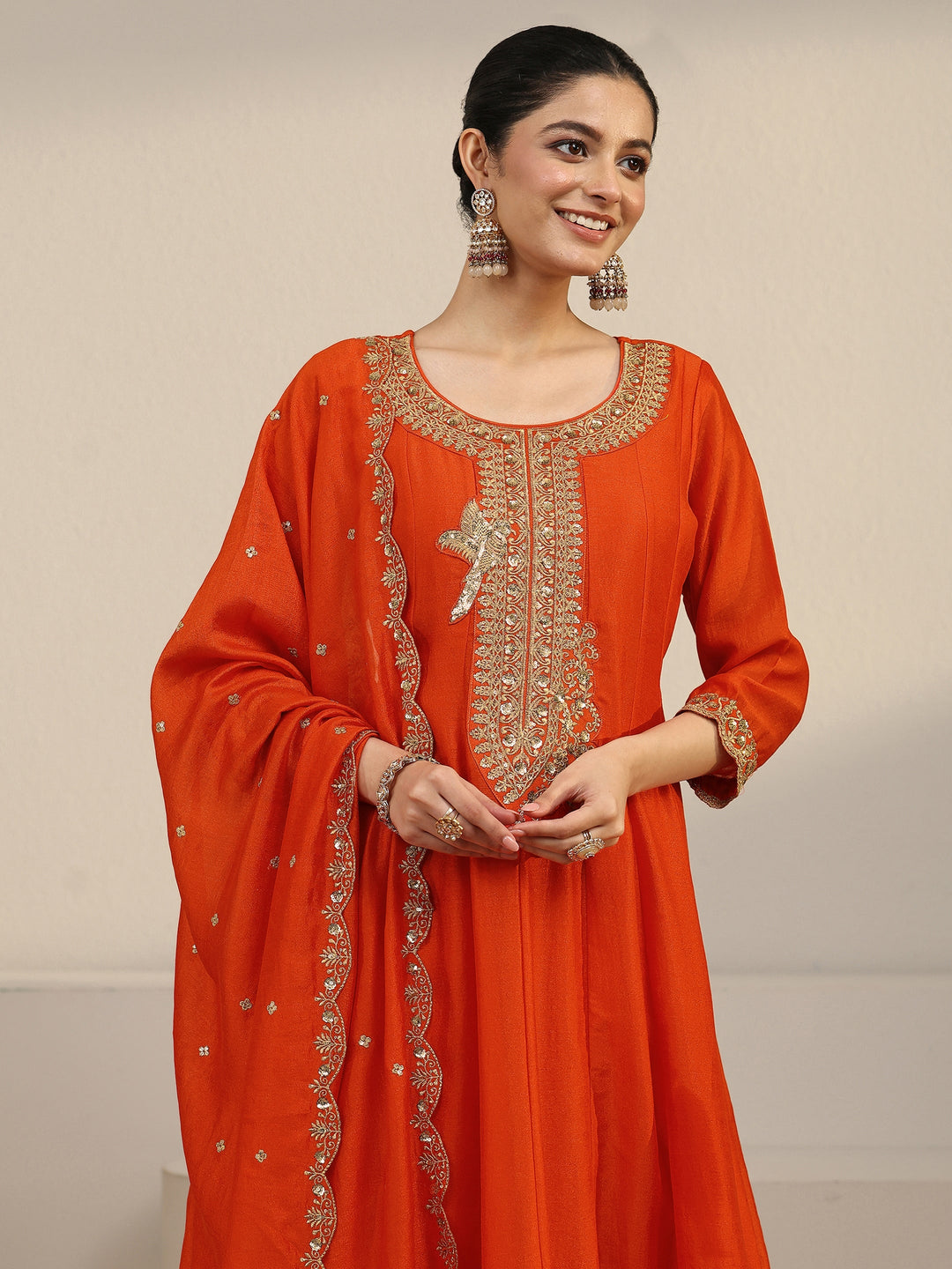 Libas Orange Yoke Embroidered Silk Blend Anarkali Suit Set