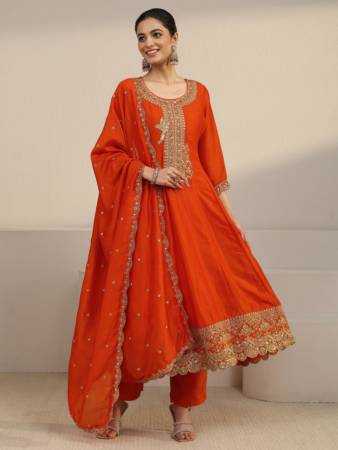 Libas Orange Yoke Embroidered Silk Blend Anarkali Suit Set
