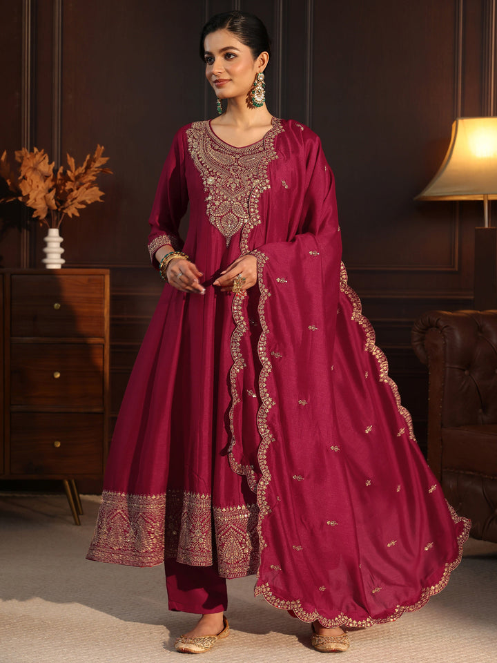 Libas Ruby Red Embroidered Silk Blend Anarkali Suit Set