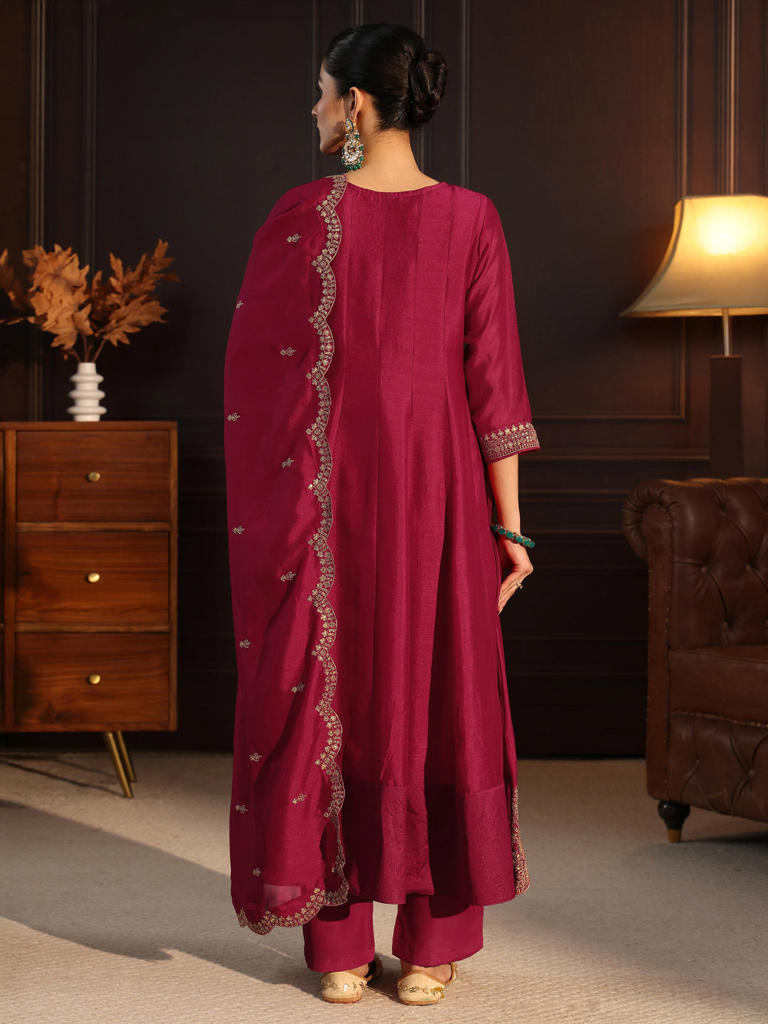 Libas Ruby Red Embroidered Silk Blend Anarkali Suit Set