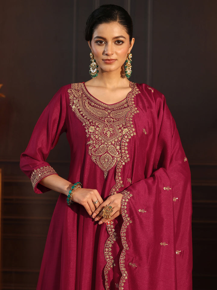 Libas Ruby Red Embroidered Silk Blend Anarkali Suit Set
