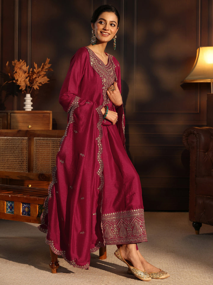 Libas Ruby Red Embroidered Silk Blend Anarkali Suit Set