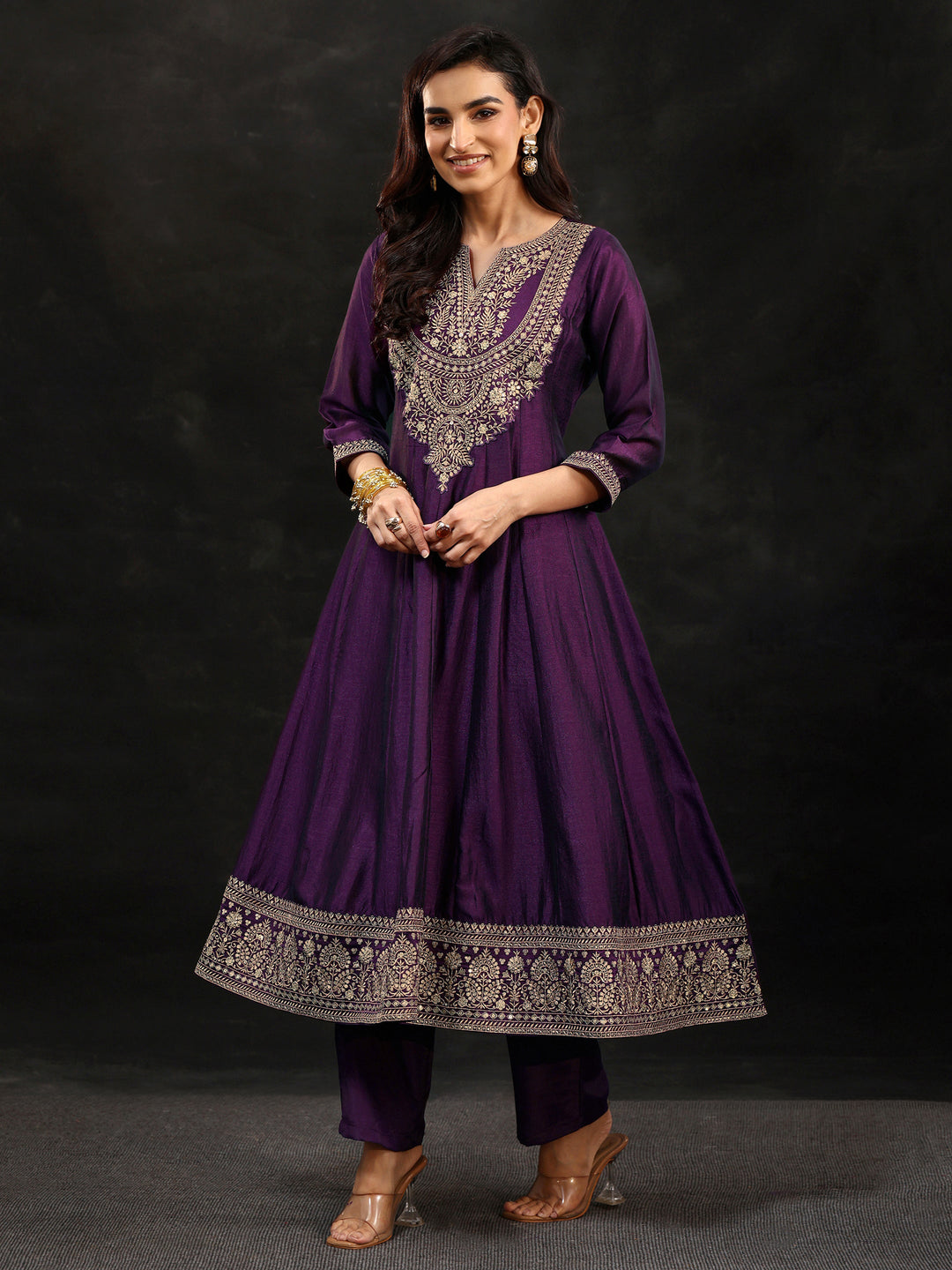 Libas Plum Purple Yoke Embroidered Silk Blend Anarkali Suit Set