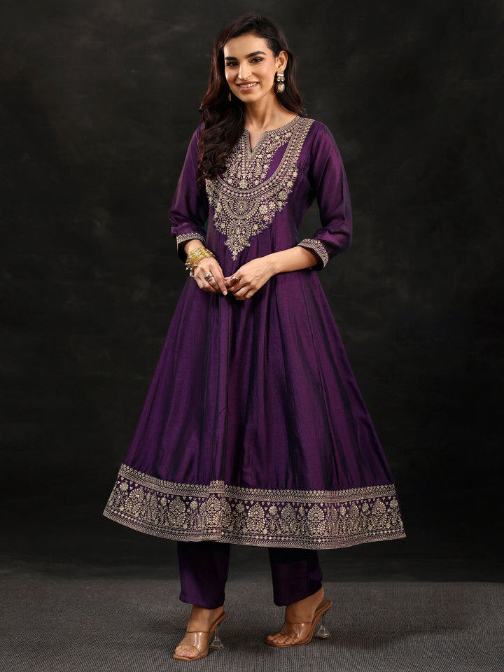 Libas Plum Purple Yoke Embroidered Silk Blend Anarkali Suit Set