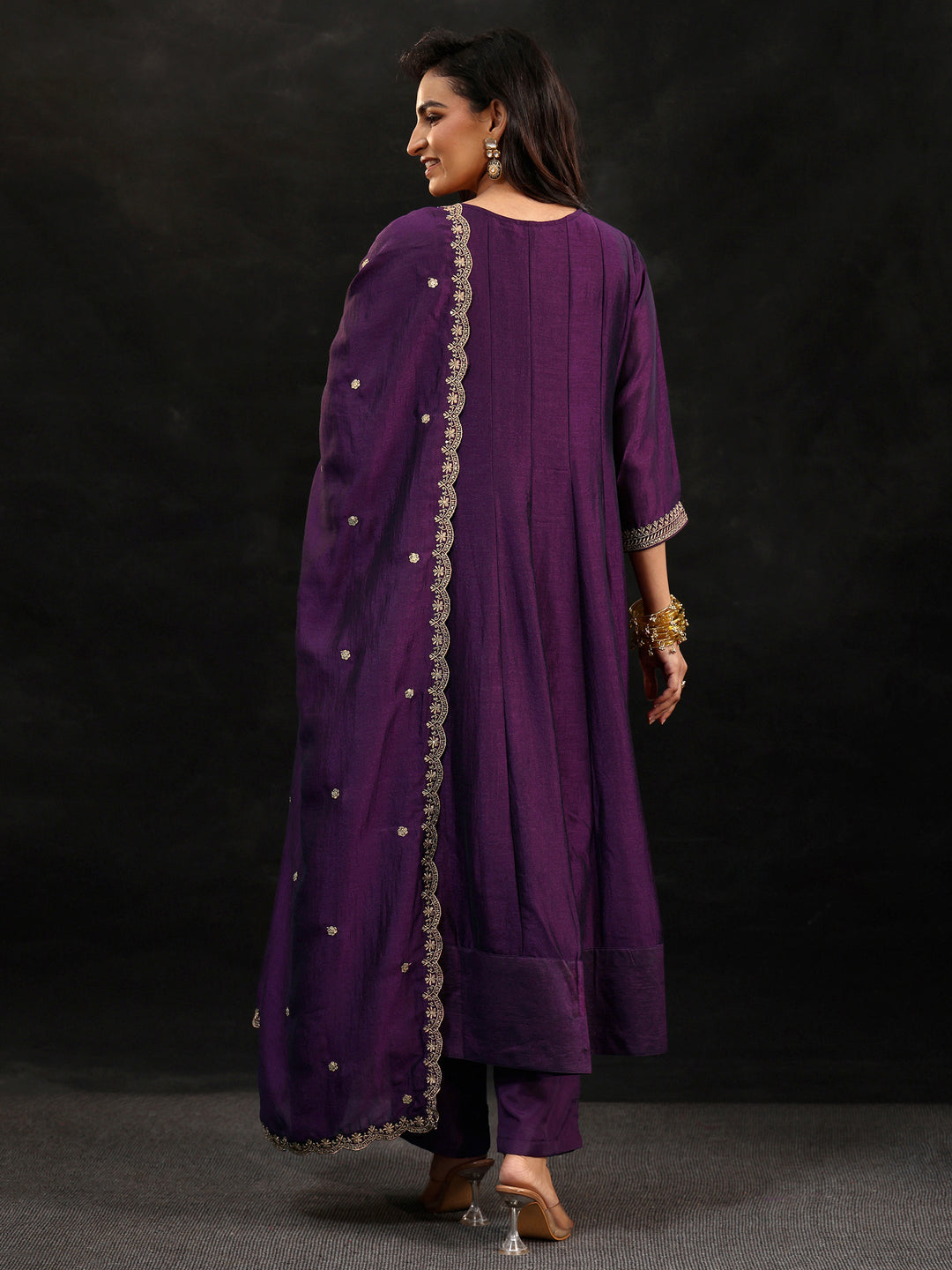 Libas Plum Purple Yoke Embroidered Silk Blend Anarkali Suit Set