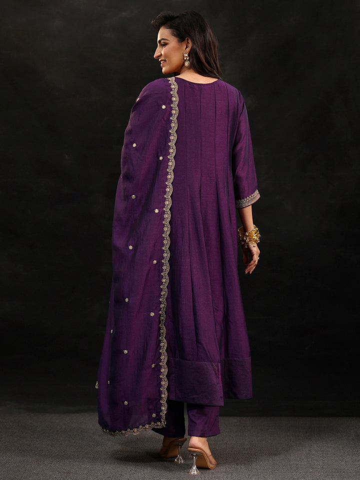 Libas Plum Purple Yoke Embroidered Silk Blend Anarkali Suit Set