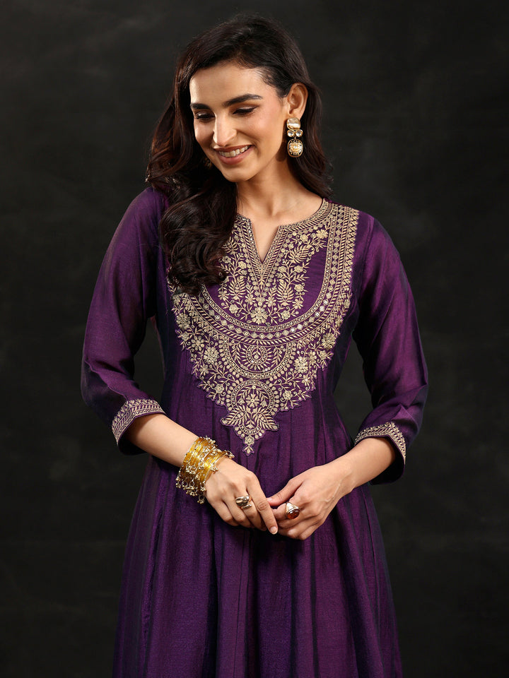 Libas Plum Purple Yoke Embroidered Silk Blend Anarkali Suit Set
