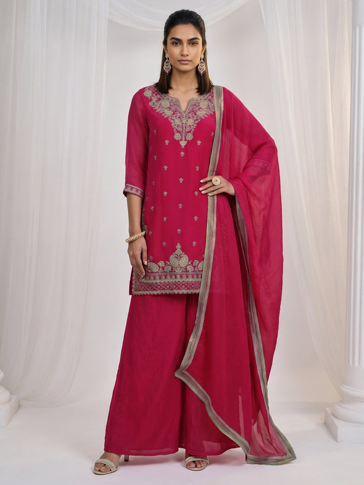 Libas Rani Pink Ethnic Embroidered Tissue Palazzo Suit Set