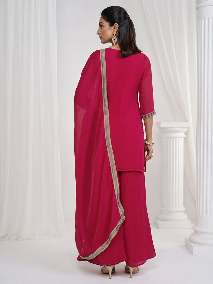 Libas Rani Pink Ethnic Embroidered Tissue Palazzo Suit Set