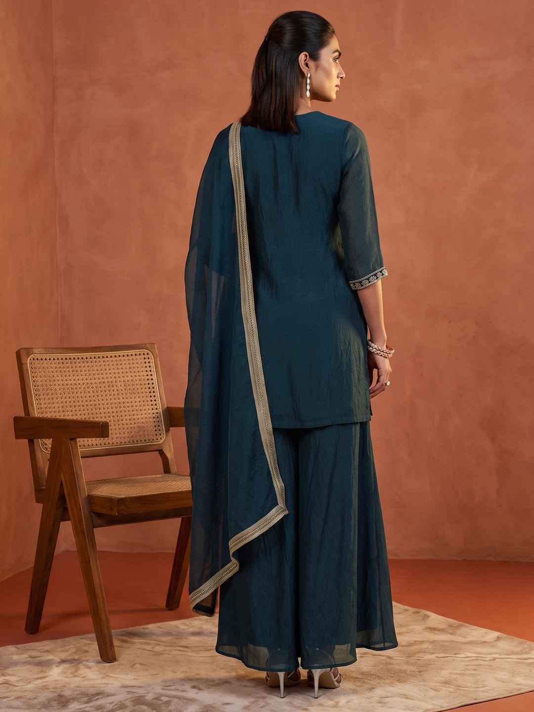 Libas Blue Ethnic Embroidered Tissue Palazzo Suit Set