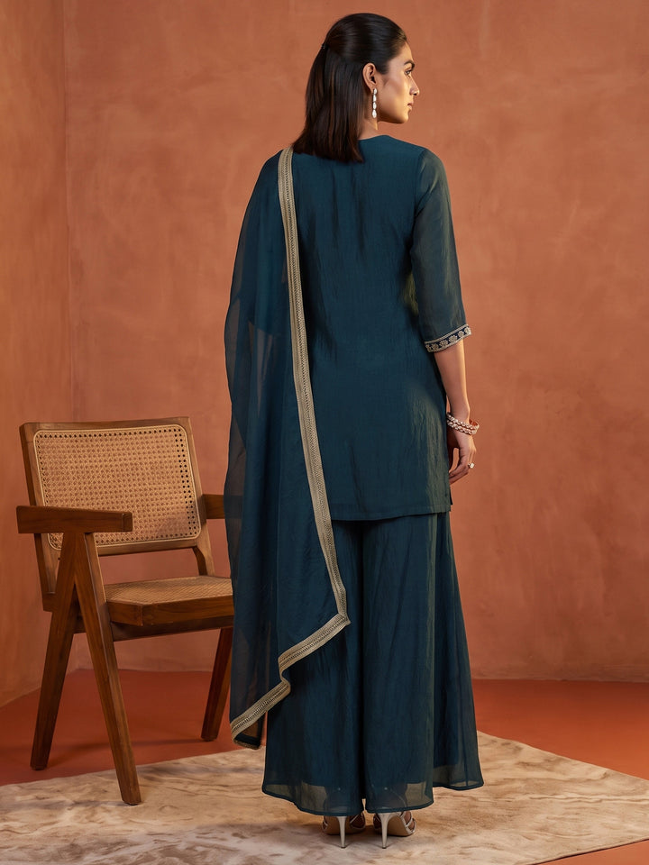 Libas Blue Ethnic Embroidered Tissue Palazzo Suit Set