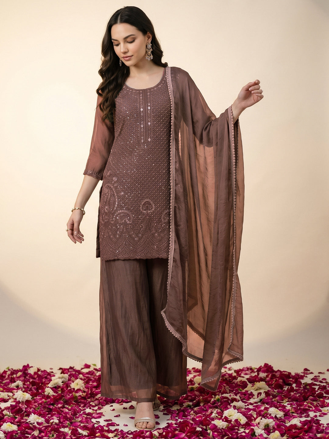 Libas Brown Embellished Tissue Palazzo Suit Set