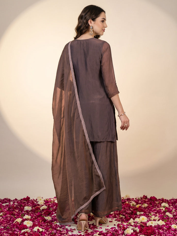 Libas Brown Embellished Tissue Palazzo Suit Set