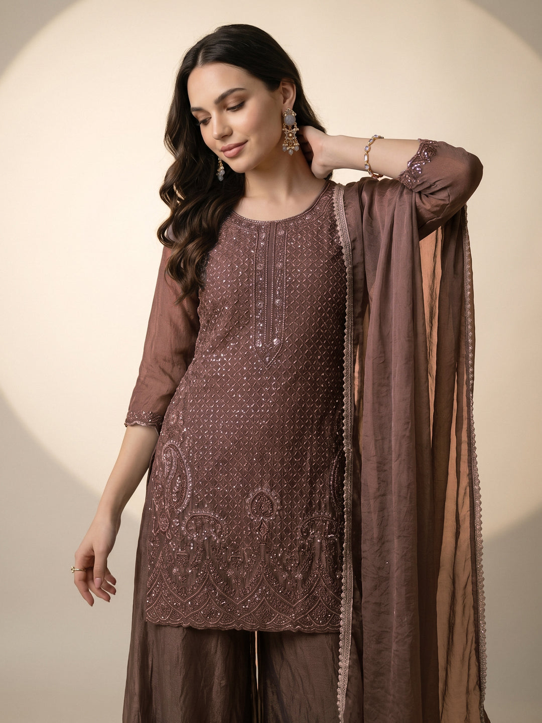 Libas Brown Embellished Tissue Palazzo Suit Set