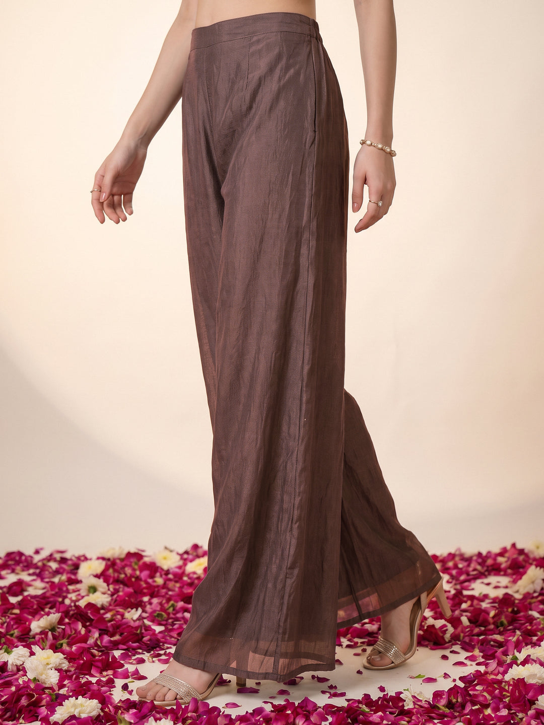 Libas Brown Embellished Tissue Palazzo Suit Set