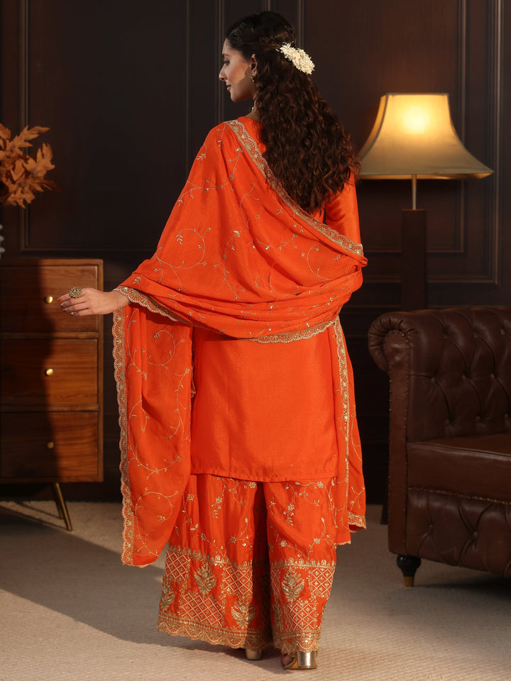 Libas Art Orange Floral Zari Embroidered Chinon Palazzo Suit Set