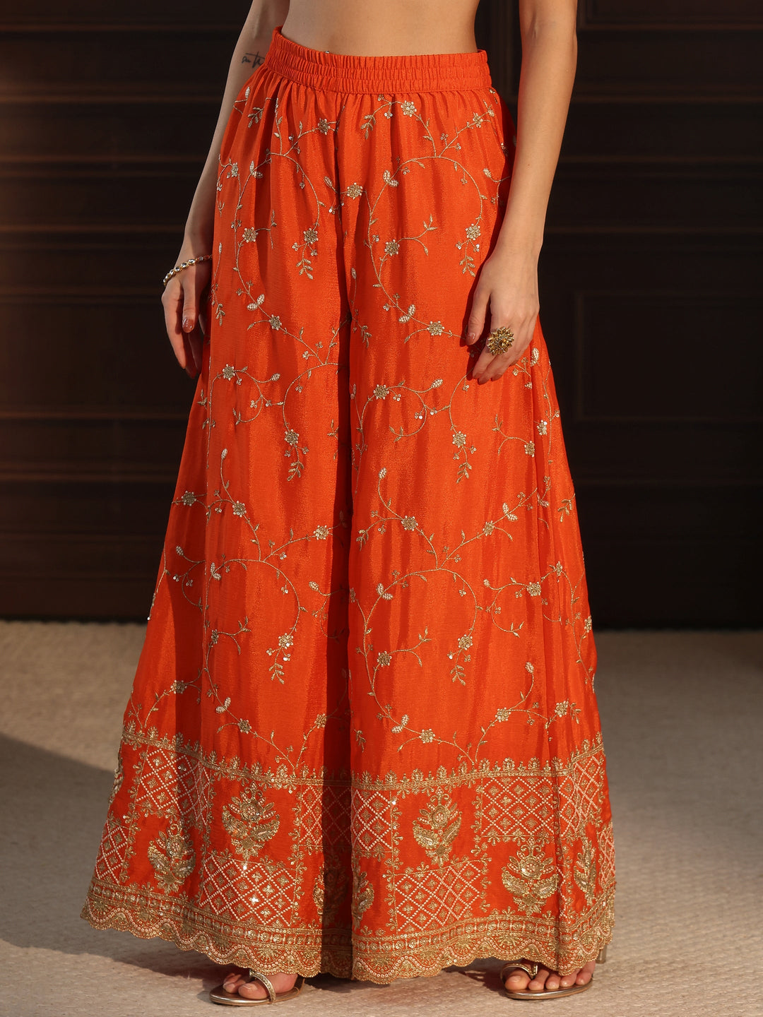 Libas Art Orange Floral Zari Embroidered Chinon Palazzo Suit Set