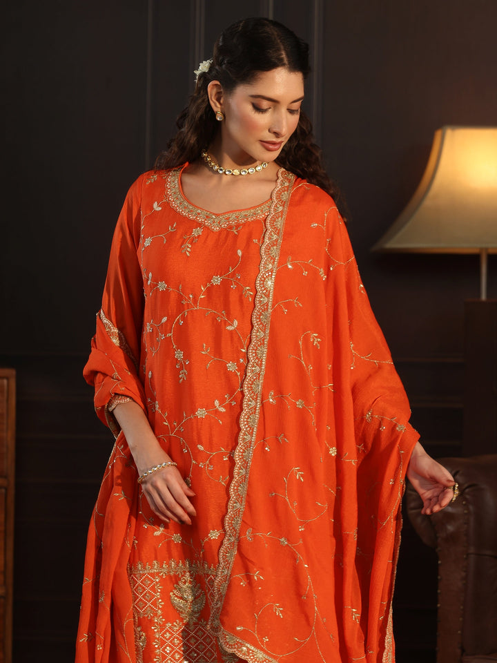 Libas Art Orange Floral Zari Embroidered Chinon Palazzo Suit Set