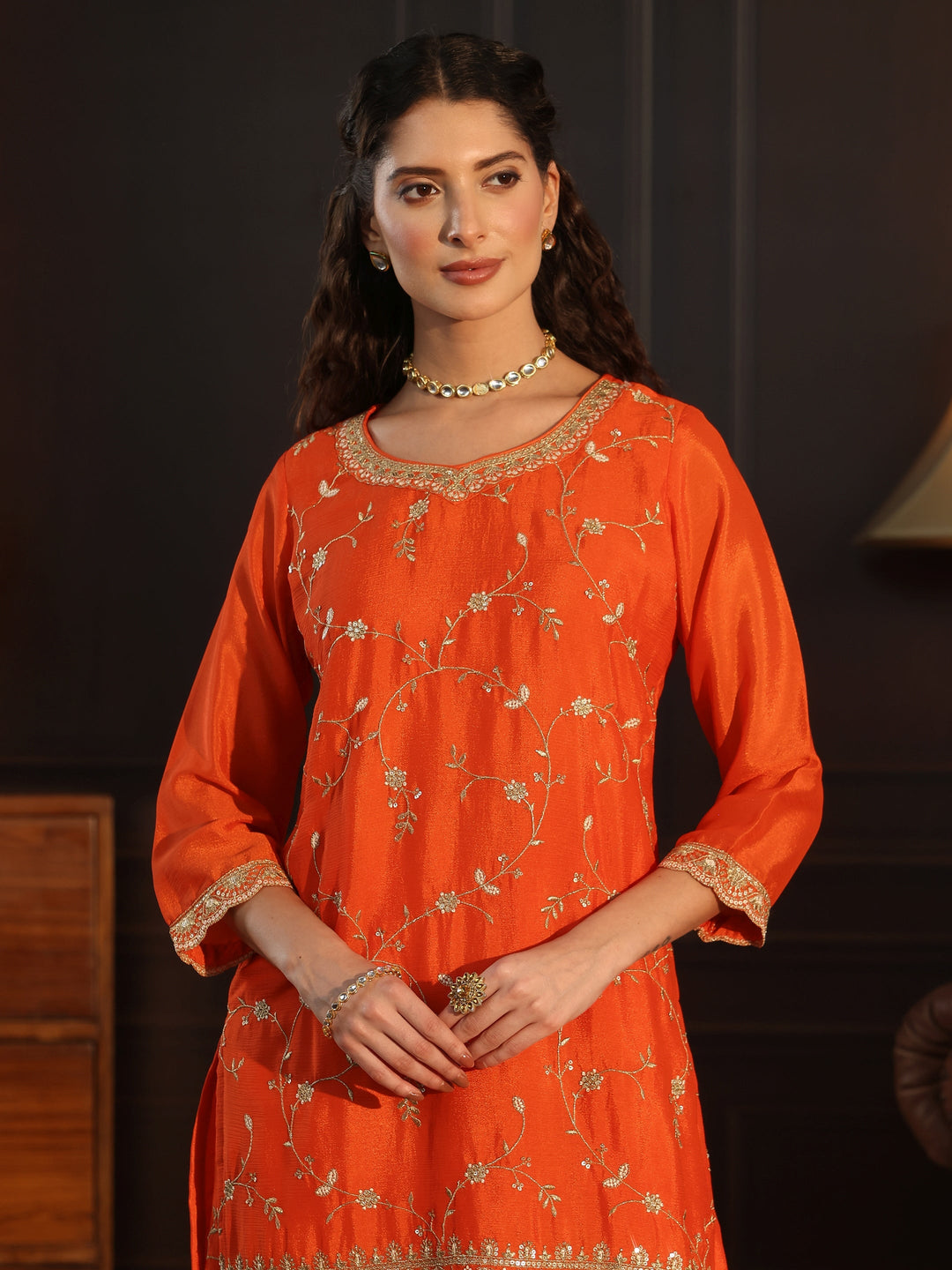 Libas Art Orange Floral Zari Embroidered Chinon Palazzo Suit Set