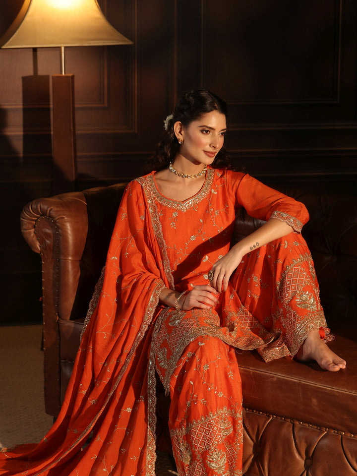 Libas Art Orange Floral Zari Embroidered Chinon Palazzo Suit Set