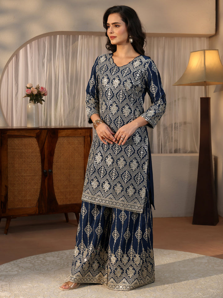Libas Art Navy Blue Ethnic Embroidered Chinon Palazzo Suit Set