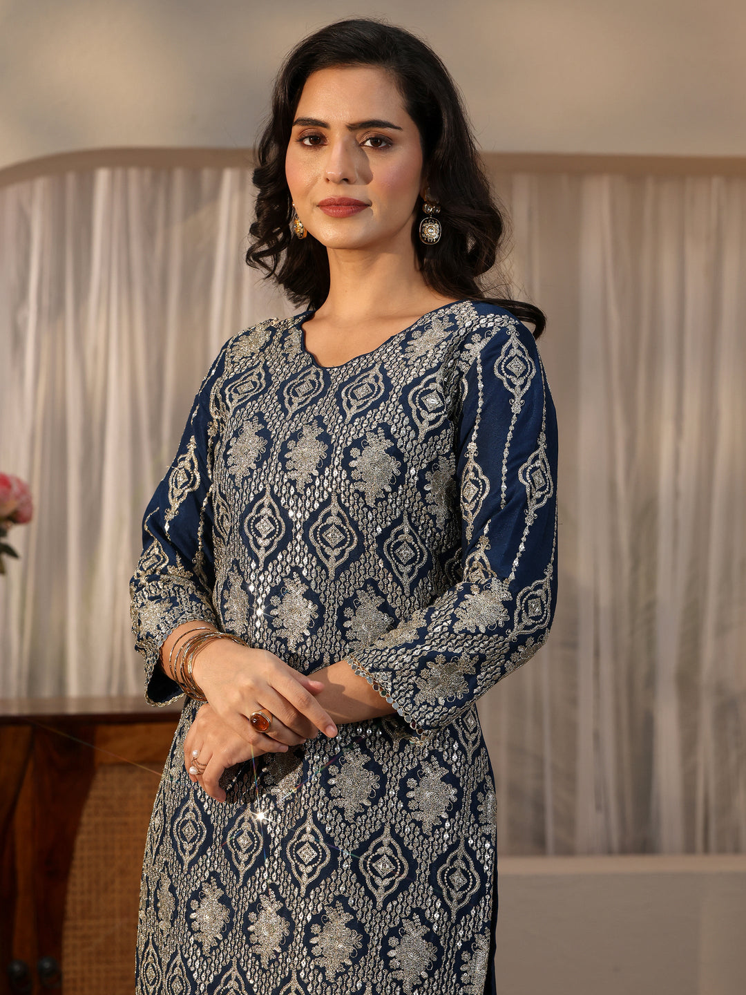 Libas Art Navy Blue Ethnic Embroidered Chinon Palazzo Suit Set