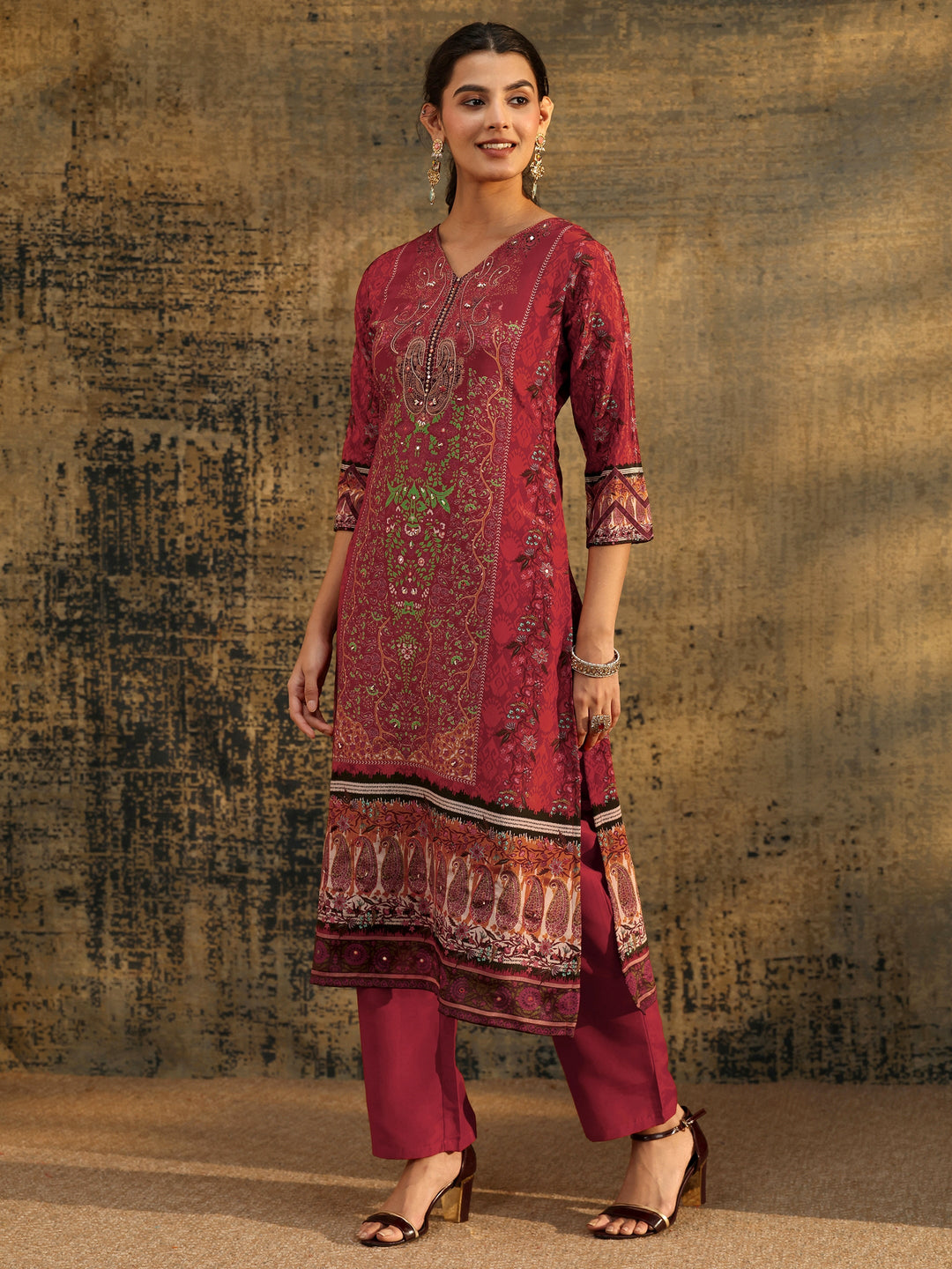 Libas Rust Brown Ethnic Print Chinon Straight Suit Set