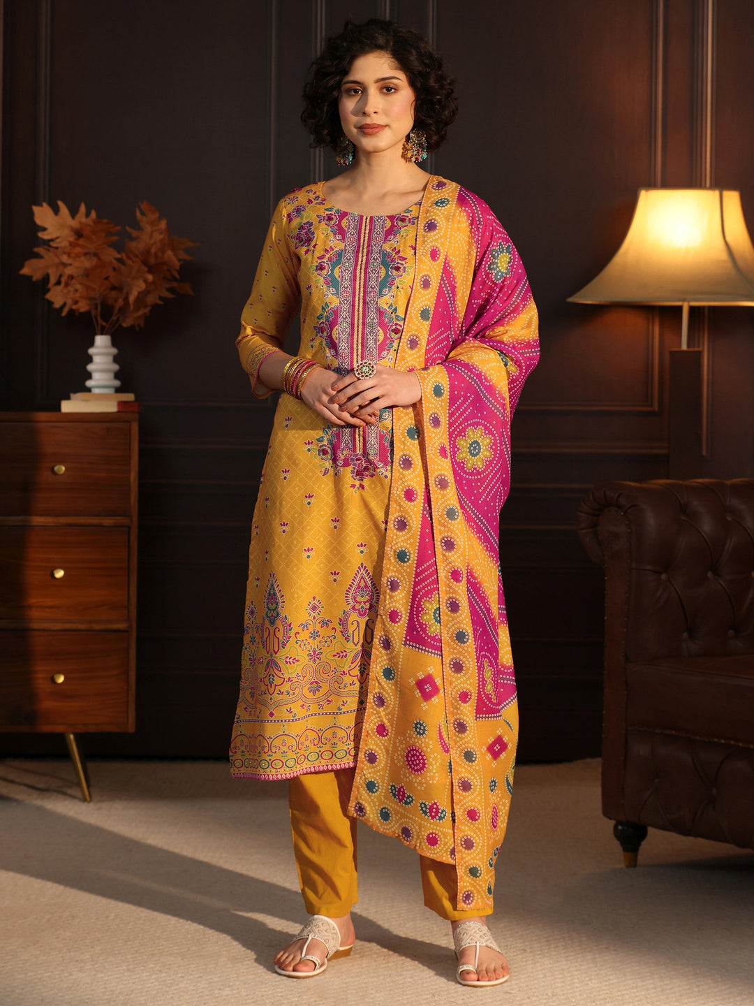 Libas Yellow Floral Printed Cotton Straight Suit Set