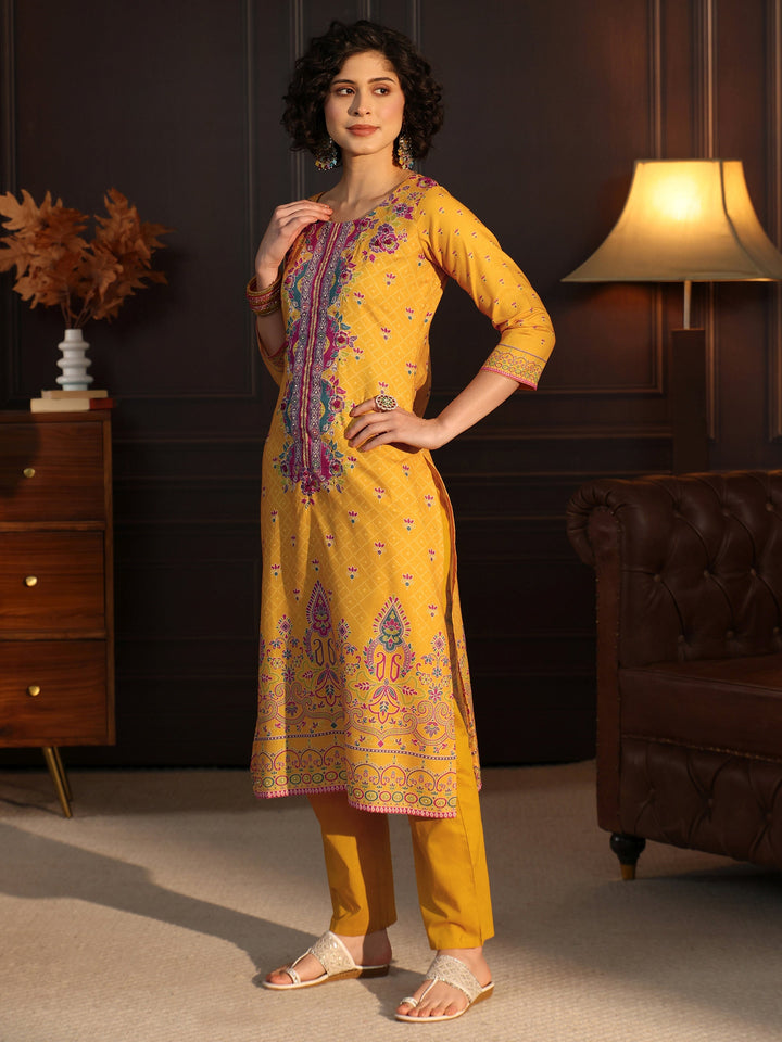 Libas Yellow Floral Printed Cotton Straight Suit Set