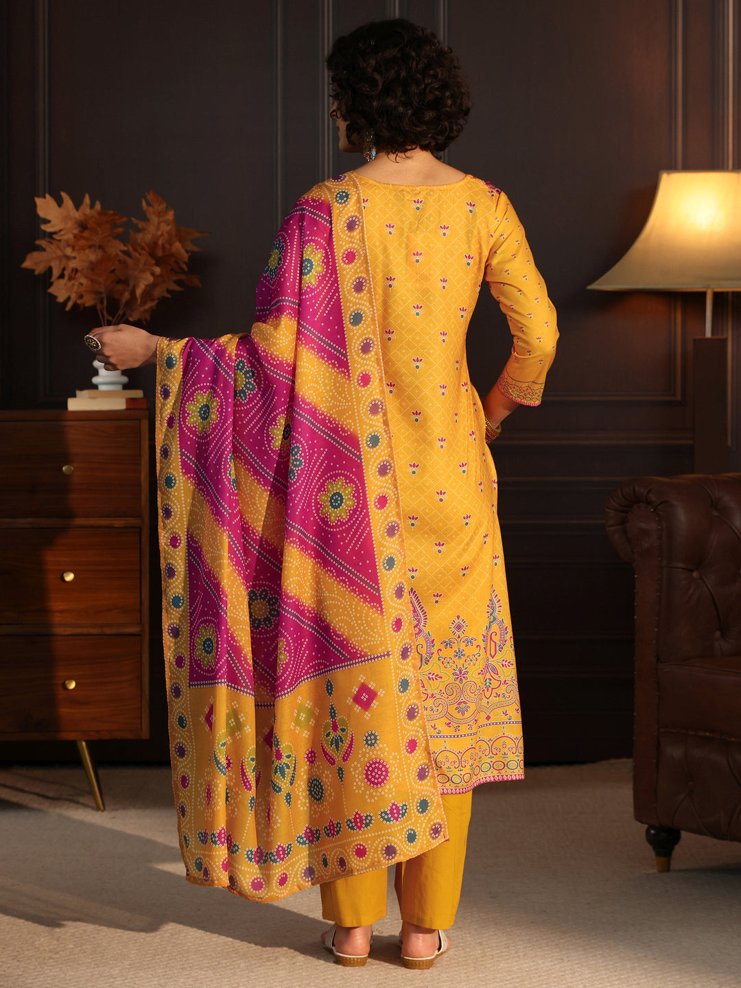 Libas Yellow Floral Printed Cotton Straight Suit Set