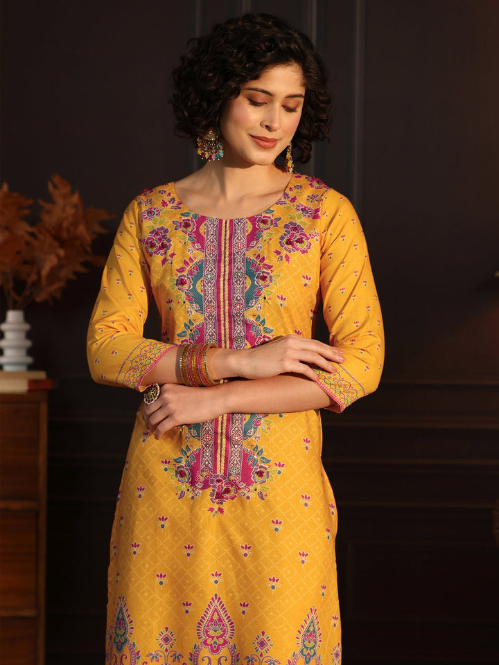 Libas Yellow Floral Printed Cotton Straight Suit Set