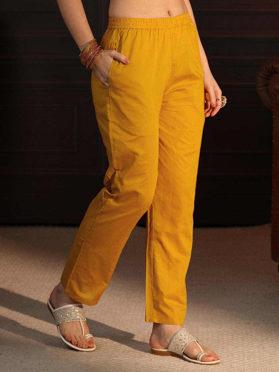 Libas Yellow Floral Printed Cotton Straight Suit Set