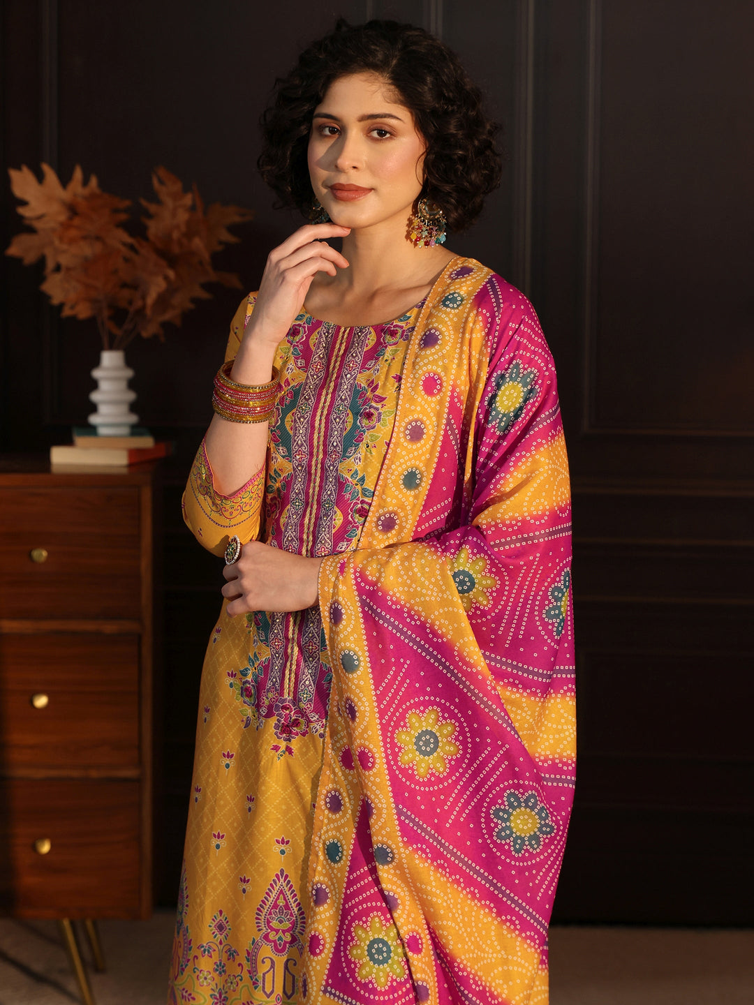 Libas Yellow Floral Printed Cotton Straight Suit Set