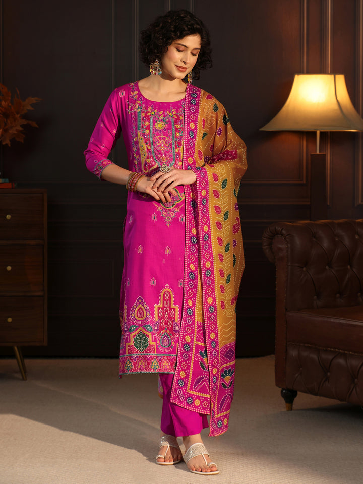 Libas Pink Floral Printed Cotton Straight Suit Set