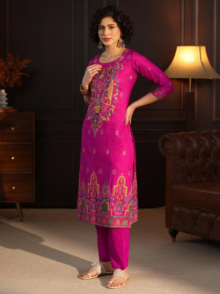 Libas Pink Floral Printed Cotton Straight Suit Set