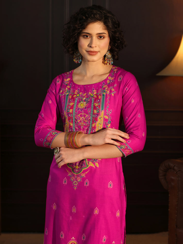 Libas Pink Floral Printed Cotton Straight Suit Set