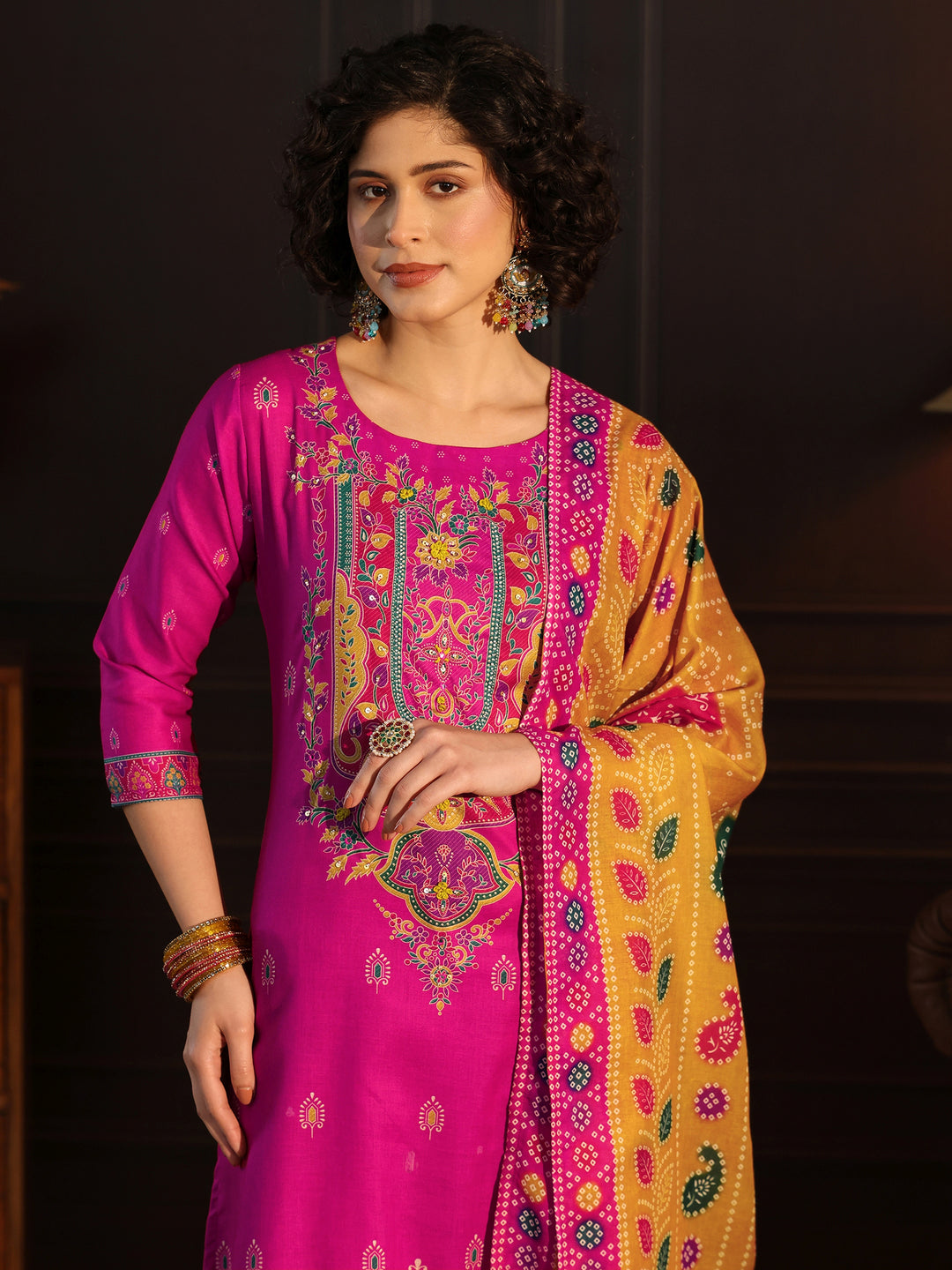 Libas Pink Floral Printed Cotton Straight Suit Set