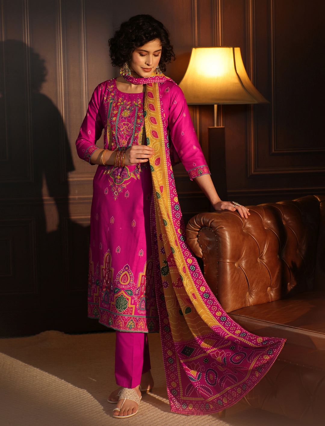 Libas Pink Floral Printed Cotton Straight Suit Set