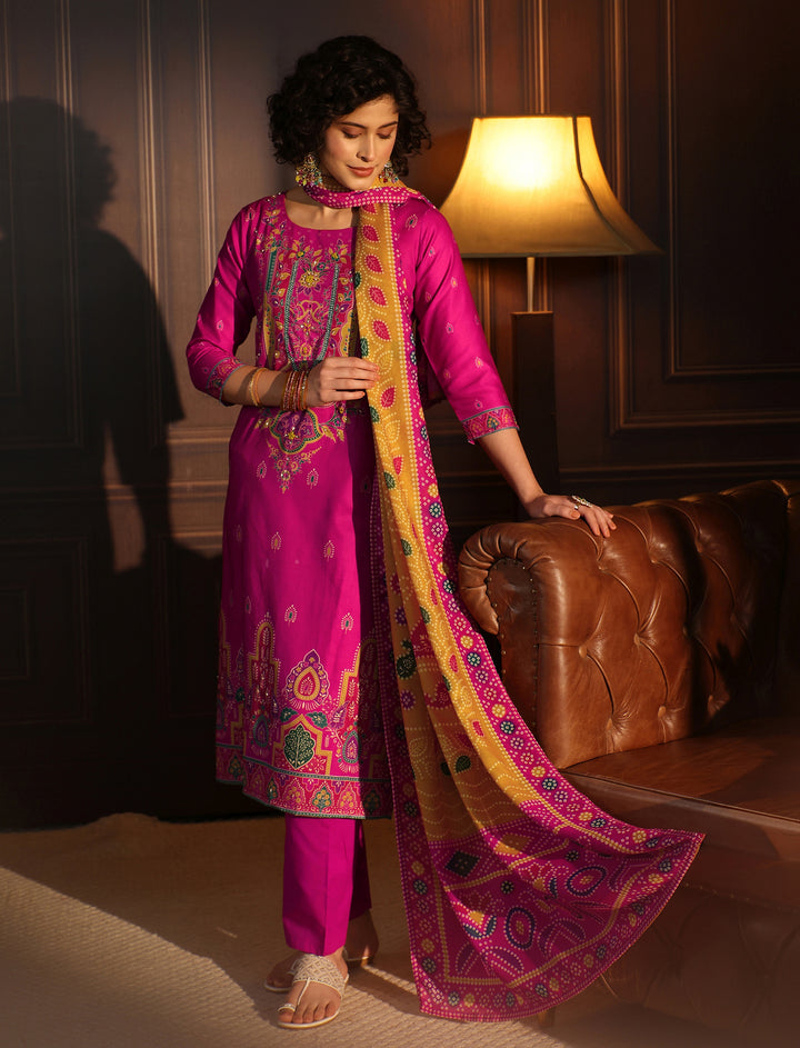 Libas Pink Floral Printed Cotton Straight Suit Set
