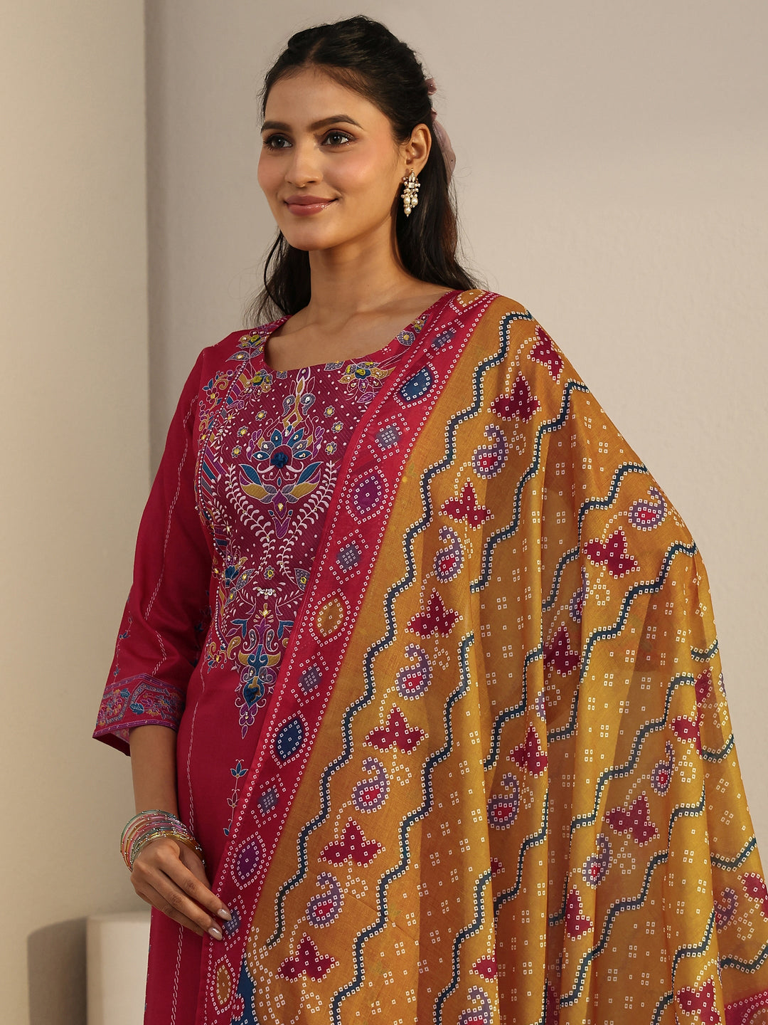 Libas Coral Pink Printed Cotton Straight Suit Set