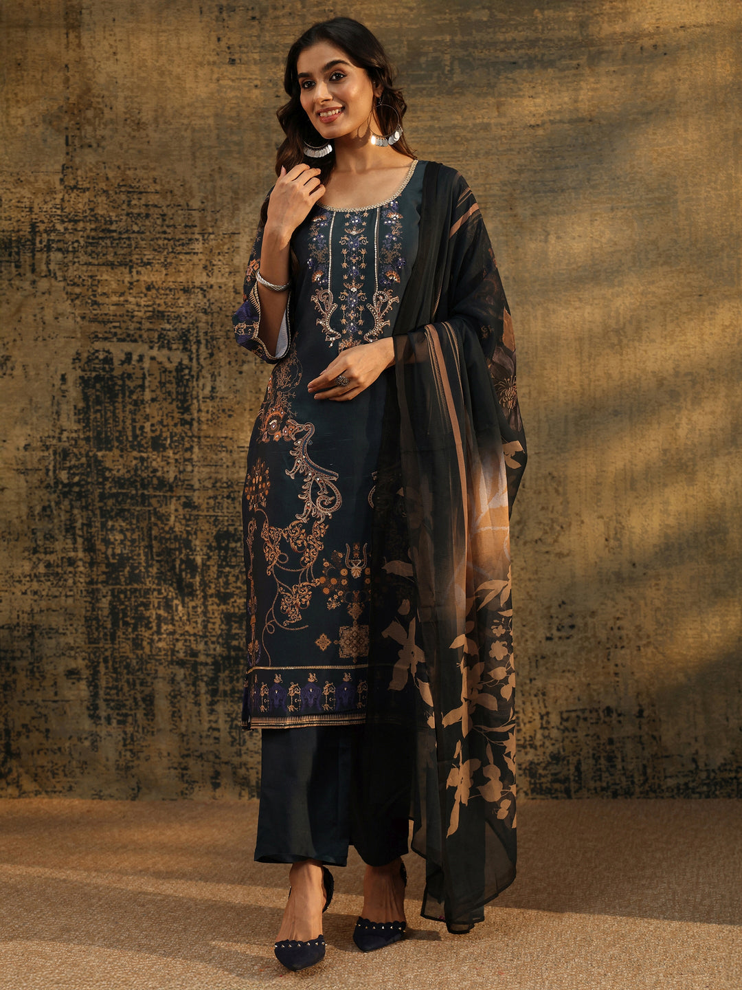 Libas Dark Teal Blue Embellished Silk Blend Straight Suit Set