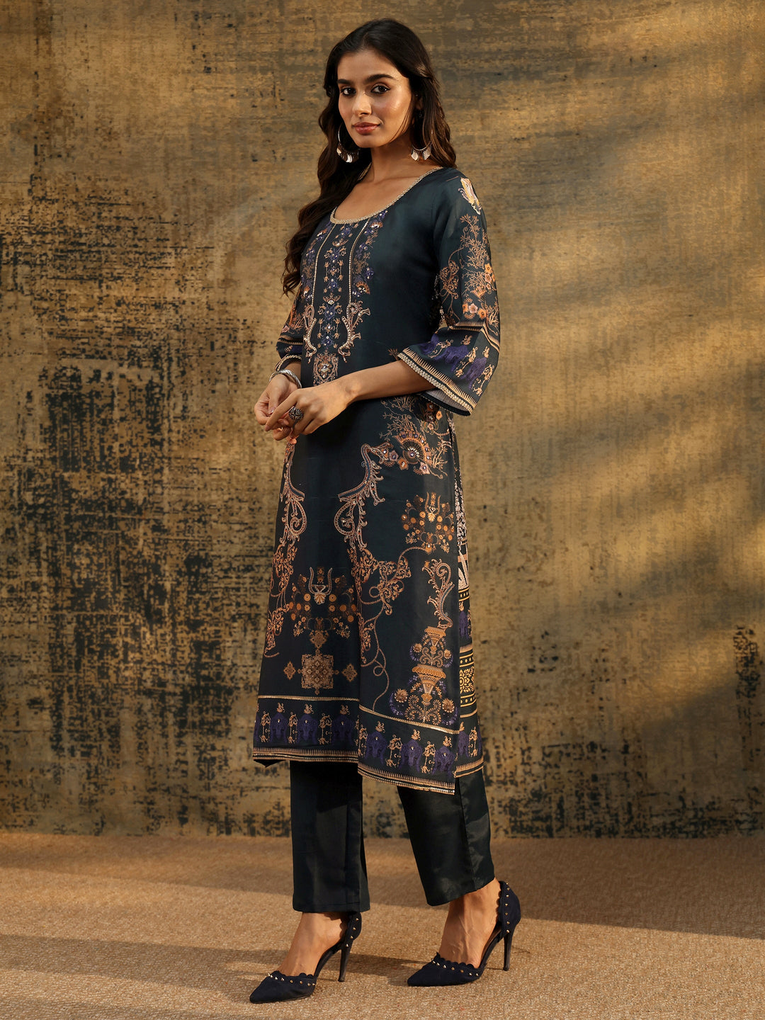 Libas Dark Teal Blue Embellished Silk Blend Straight Suit Set