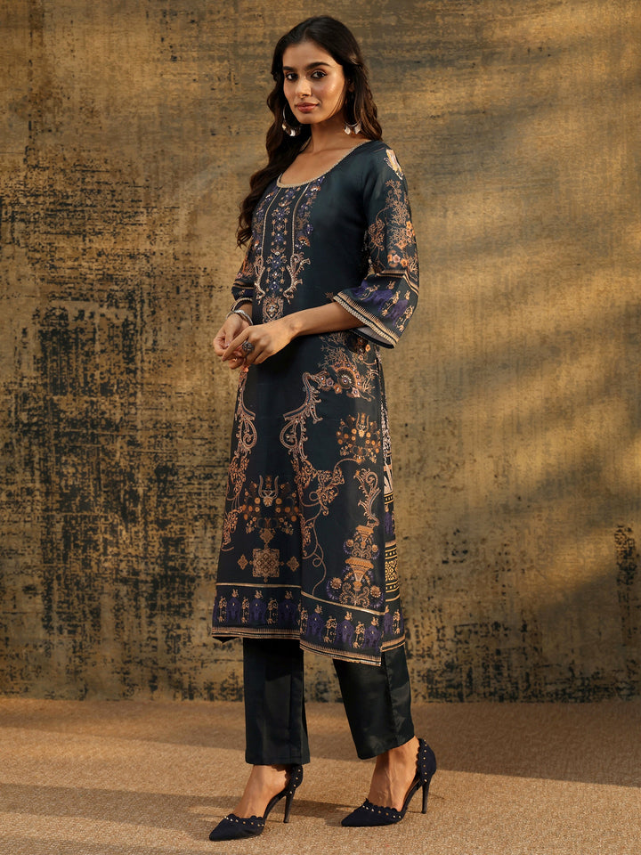 Libas Dark Teal Blue Embellished Silk Blend Straight Suit Set