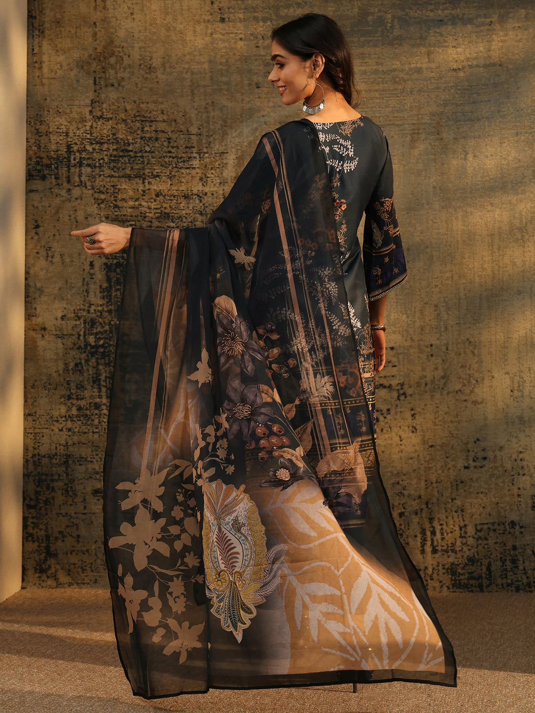 Libas Dark Teal Blue Embellished Silk Blend Straight Suit Set
