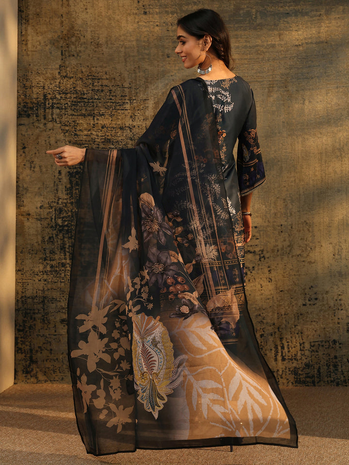 Libas Dark Teal Blue Embellished Silk Blend Straight Suit Set