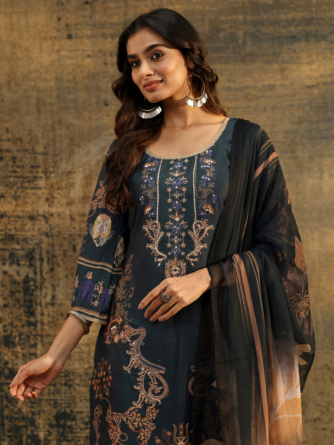 Libas Dark Teal Blue Embellished Silk Blend Straight Suit Set